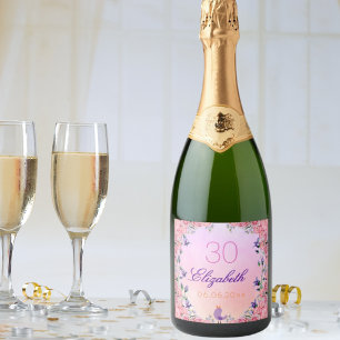 Étiquettes Pour Bouteilles De Vin Mousseux fête du 30e anniversaire violet rose fleurs de jar
