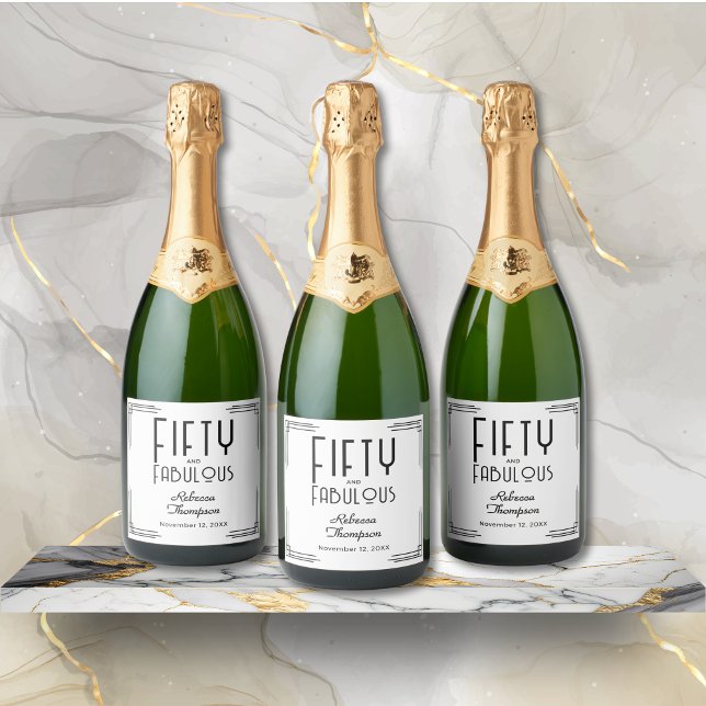 Étiquettes Pour Bouteilles De Vin Mousseux Fifty Fabulous Black White Art Deco 50th Birthday (Fifty and Fabulous Black and White Art Deco 50th Birthday Sparkling Wine Label with her name, date.)