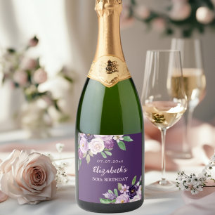 Étiquettes Pour Bouteilles De Vin Mousseux Fleur rose lavande violette anniversaire