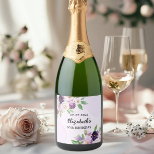 Étiquettes Pour Bouteilles De Vin Mousseux Fleur violet rose violet anniversaire