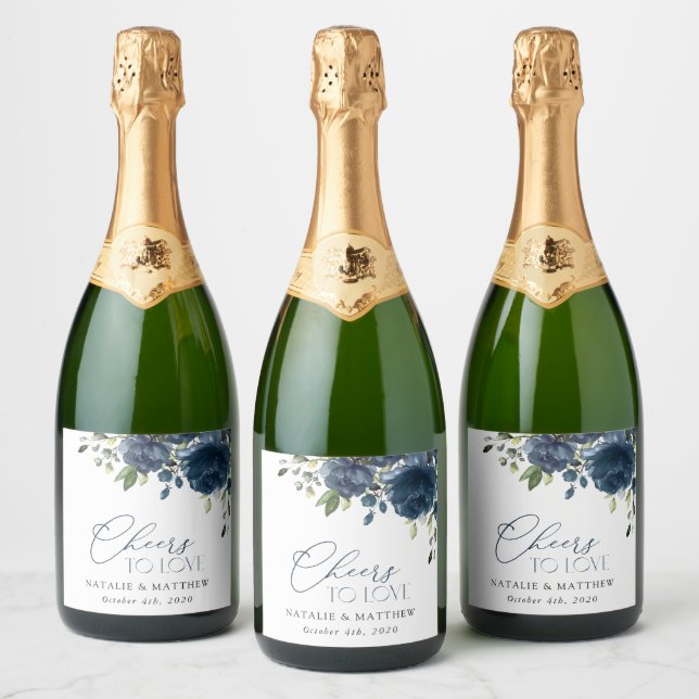 Étiquettes Pour Bouteilles De Vin Mousseux Fleurs bleues de la Marine, Verdure, Boho, Mariage (Bouteilles)