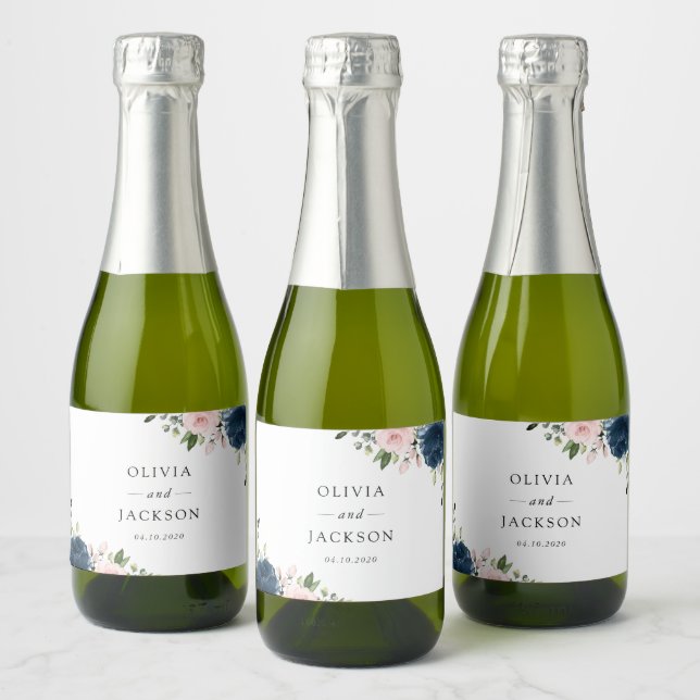 Étiquettes Pour Bouteilles De Vin Mousseux Fleurs Bleues Marine, Fleurs Roses, Mariage Floral (Bouteilles)