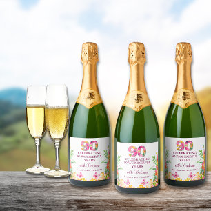 Étiquettes Pour Bouteilles De Vin Mousseux Fleurs de 90 ans Papillon floral 90e anniversaire