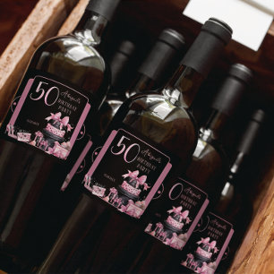 Étiquettes Pour Bouteilles De Vin Mousseux Glam Pink Black Fashion 50e fête d'anniversaire