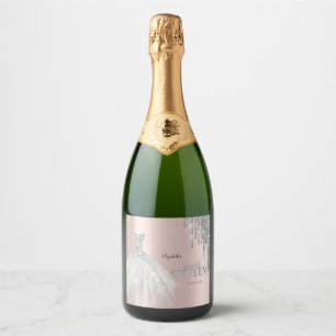 Étiquettes Pour Bouteilles De Vin Mousseux Gouttes de paillettes argentées, robe rose or doux