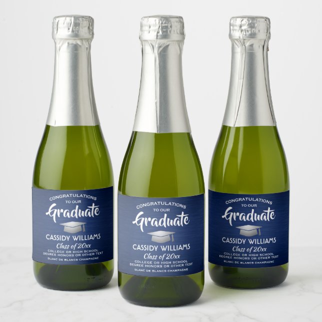 Étiquettes Pour Bouteilles De Vin Mousseux Graduation Brossé Marine Bleu et Blanc Mini Frlit (Bouteilles)