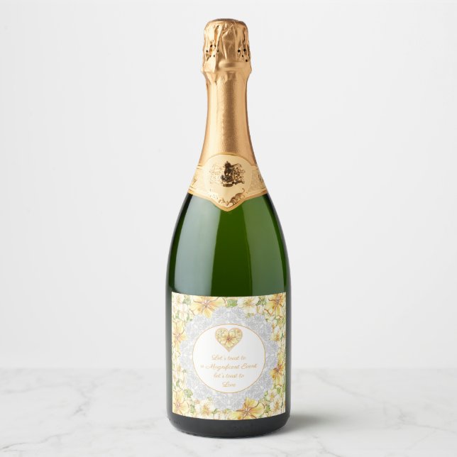 Étiquettes Pour Bouteilles De Vin Mousseux Hibiscus & dentelle JAUNE (Devant)