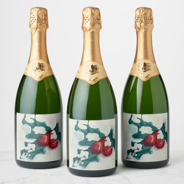 Étiquettes Pour Bouteilles De Vin Mousseux Holly dans la neige (Bouteilles)