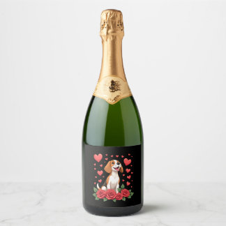 Étiquettes Pour Bouteilles De Vin Mousseux Joli Beagle avec Roses Rouges Cœurs Floral Saint-V