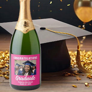 Étiquettes Pour Bouteilles De Vin Mousseux Jote Hot Pink Graduation Party Photo personnalisée