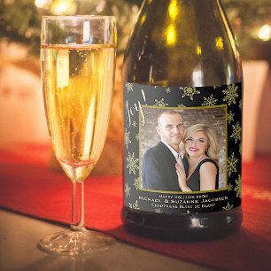Étiquettes Pour Bouteilles De Vin Mousseux Joy Golden Snowflakes & Photo Holiday