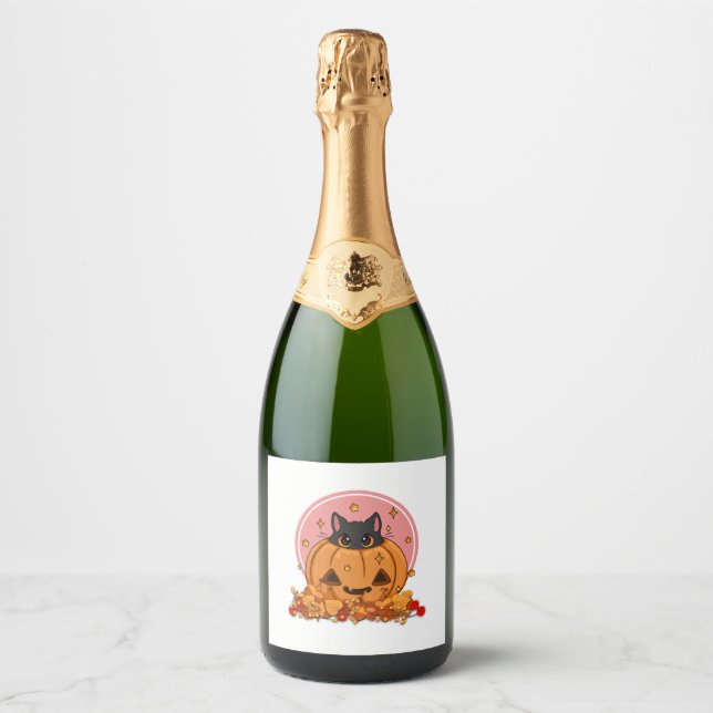 Étiquettes Pour Bouteilles De Vin Mousseux Kitty d'Halloween (Devant)