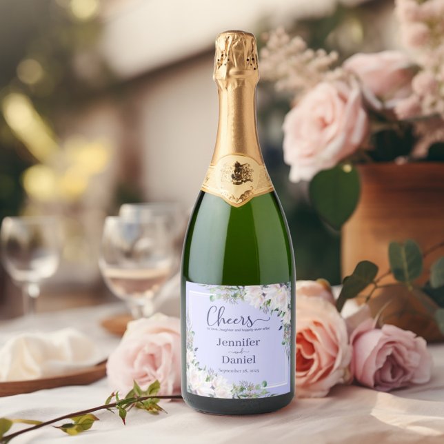 Étiquettes Pour Bouteilles De Vin Mousseux Love rire rose Peony Mariage Toast (Cheers! Love Laughter and Happy Ever After Pink Peony Lavender Wedding Toast Sparkling Wine Label)