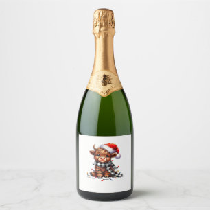 Étiquettes Pour Bouteilles De Vin Mousseux Lumières de Noël Highland Cow Baby Noël Light