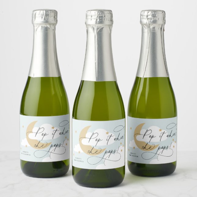 Étiquettes Pour Bouteilles De Vin Mousseux Lune et étoiles Script bleu Pop It When She Pops (Bouteilles)