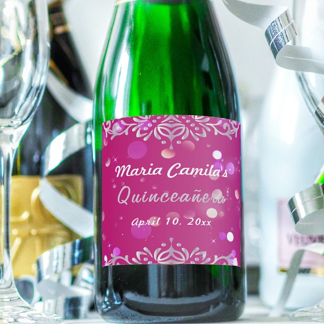 Étiquettes Pour Bouteilles De Vin Mousseux Magenta Et Argent Élégant Chimmery Quinceañera (Créateur téléchargé)