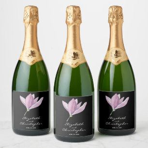 Étiquettes Pour Bouteilles De Vin Mousseux Magnolia Blossom sur le Mariage noir