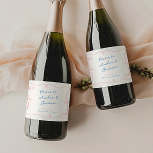 Étiquettes Pour Bouteilles De Vin Mousseux Main Whimsical tirée rose et Mariage bleu