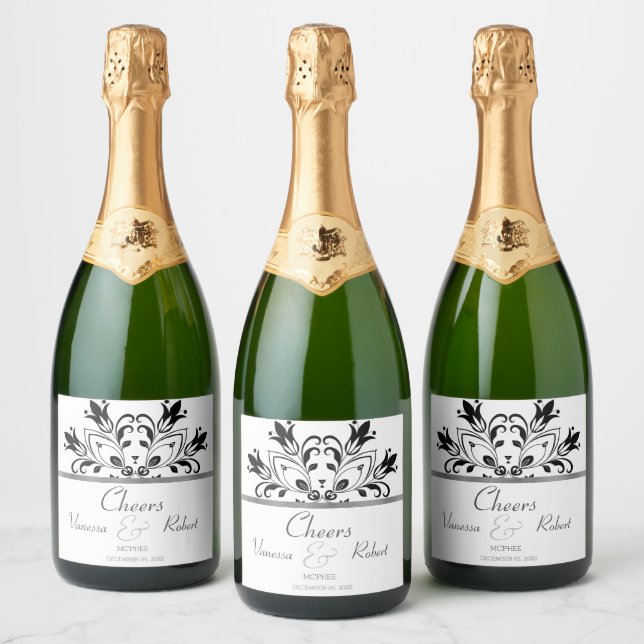 Étiquettes Pour Bouteilles De Vin Mousseux Mandala Floral Noir (Bouteilles)