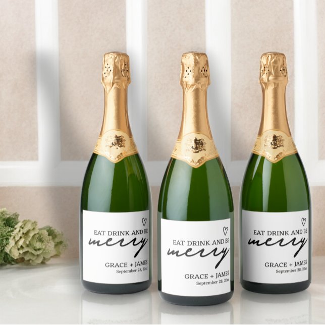 Étiquettes Pour Bouteilles De Vin Mousseux Manger Boire Soyez Merry Minimaliste Mariage de ty (Eat Drink Be Merry Minimalist Typography Wedding Sparkling Wine Labels from Ricaso. Black and white )