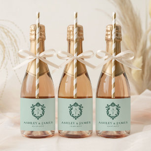 Étiquettes Pour Bouteilles De Vin Mousseux Mariage au blason orné vintage vert