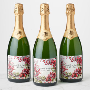 Étiquettes Pour Bouteilles De Vin Mousseux Mariage Belles Fleurs Rouges Feuilles Verdure