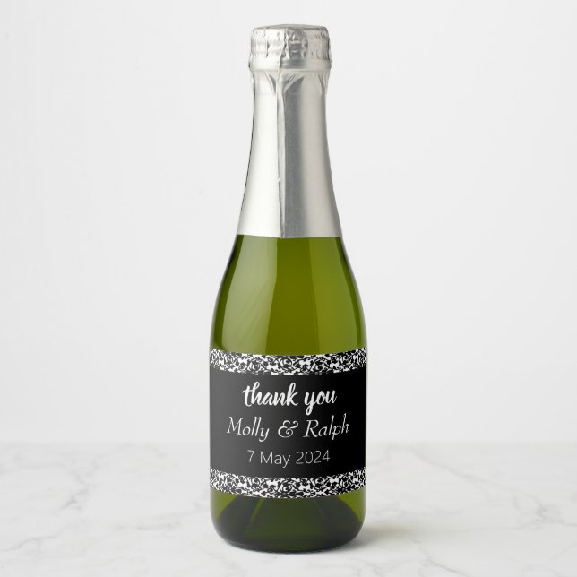 Étiquettes Pour Bouteilles De Vin Mousseux Mariage blanc damassé noir (Devant)