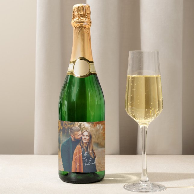 Étiquettes Pour Bouteilles De Vin Mousseux Mariage Boho de script élégant photo (Créateur téléchargé)
