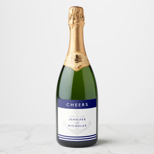 Étiquettes Pour Bouteilles De Vin Mousseux Mariage d'Ancres nautiques moderne (Devant)