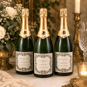 Étiquettes Pour Bouteilles De Vin Mousseux Mariage de fantasy médiéval vintage noir gravure