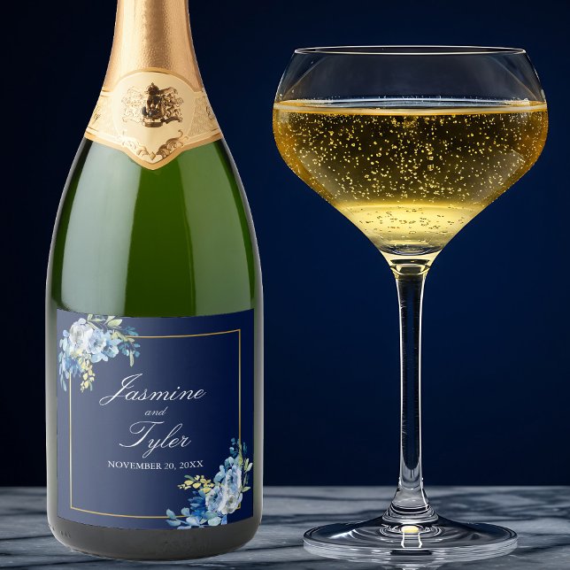Étiquettes Pour Bouteilles De Vin Mousseux Mariage du soir élégant en or bleu marine (Créateur téléchargé)