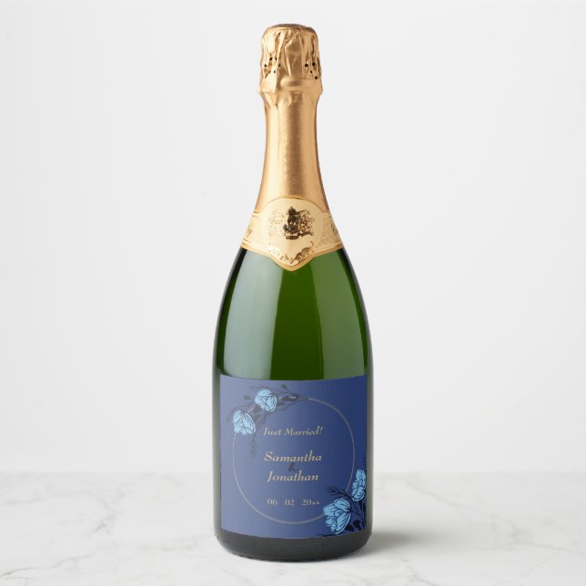Étiquettes Pour Bouteilles De Vin Mousseux Mariage Fleur Bleu (Devant)