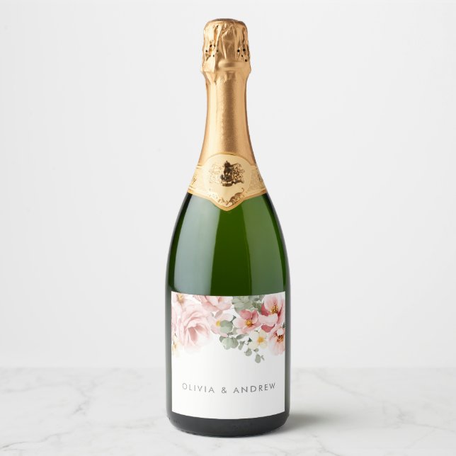 Étiquettes Pour Bouteilles De Vin Mousseux Mariage floral Dusty Rose (Devant)