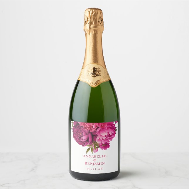 Étiquettes Pour Bouteilles De Vin Mousseux Mariage floral Magenta Peony (Devant)
