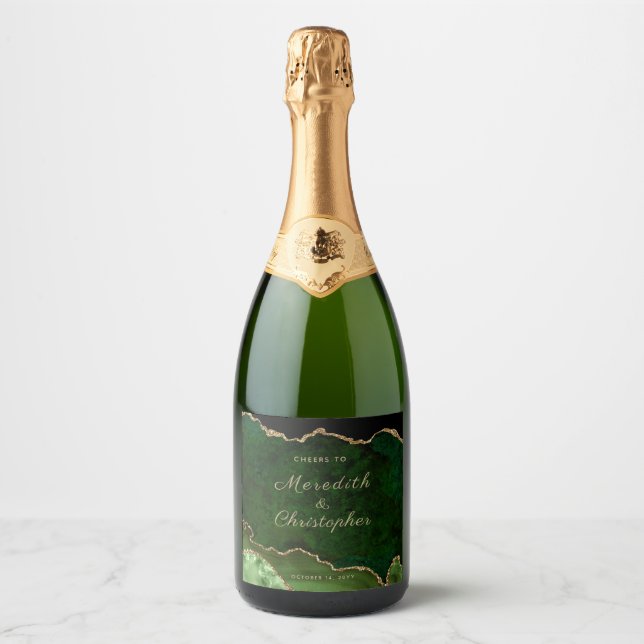 Étiquettes Pour Bouteilles De Vin Mousseux Mariage Gold Green Agate (Devant)