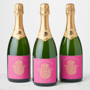 Étiquettes Pour Bouteilles De Vin Mousseux Mariage indien Gold hamsa Henna Fuchsia rose