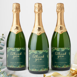 Étiquettes Pour Bouteilles De Vin Mousseux Mariage Merci Emerald Green Gold Eucalyptus