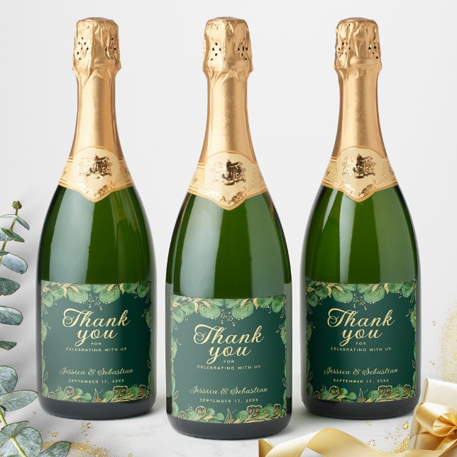 Étiquettes Pour Bouteilles De Vin Mousseux Mariage Merci Emerald Green Gold Eucalyptus (Créateur téléchargé)