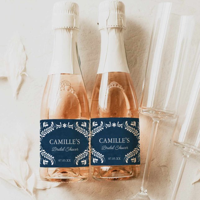 Étiquettes Pour Bouteilles De Vin Mousseux Mariage mexicain Blue Talavera (Blue Talavera Bridal Shower Mini Champagne Label)