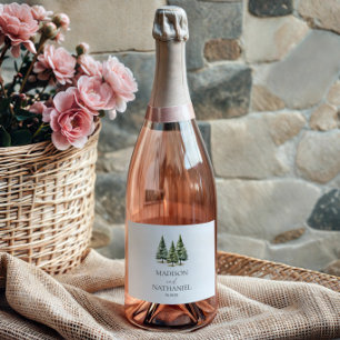 Étiquettes Pour Bouteilles De Vin Mousseux Mariage minimaliste de la forêt de pins neigeux d'