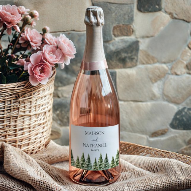 Étiquettes Pour Bouteilles De Vin Mousseux Mariage minimaliste de la forêt de pins neigeux d' (Créateur téléchargé)