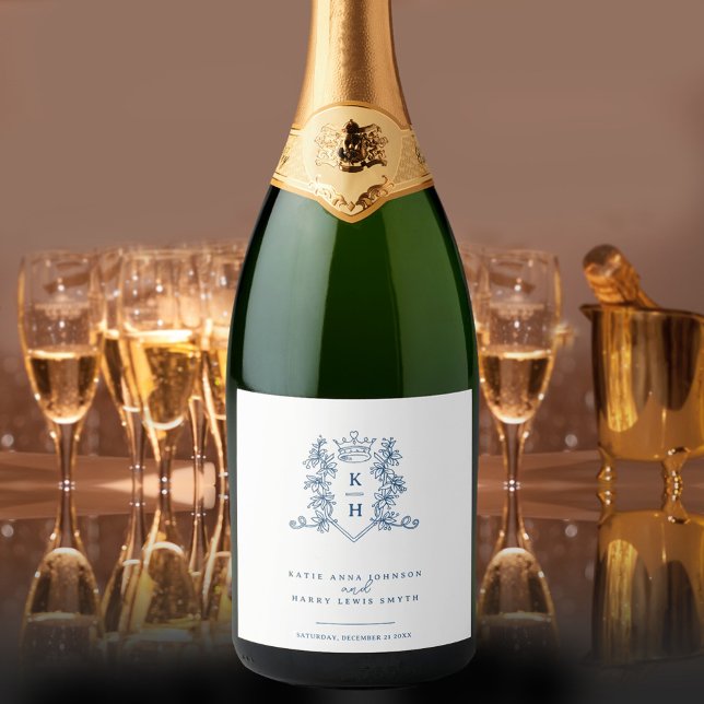 Étiquettes Pour Bouteilles De Vin Mousseux Mariage monogramme bleu marine foncé (Créateur téléchargé)