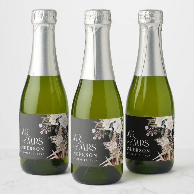 Étiquettes Pour Bouteilles De Vin Mousseux Mariage pampas eucalyptus moderne noir parti (Bouteilles)