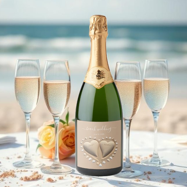 Étiquettes Pour Bouteilles De Vin Mousseux Mariage plage Coeurs de sable (Beach Wedding Sand Hearts Sparkling Wine Label )