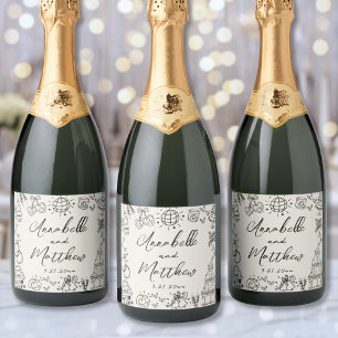 Étiquettes Pour Bouteilles De Vin Mousseux Mariage Vintage Dessiné à la Main