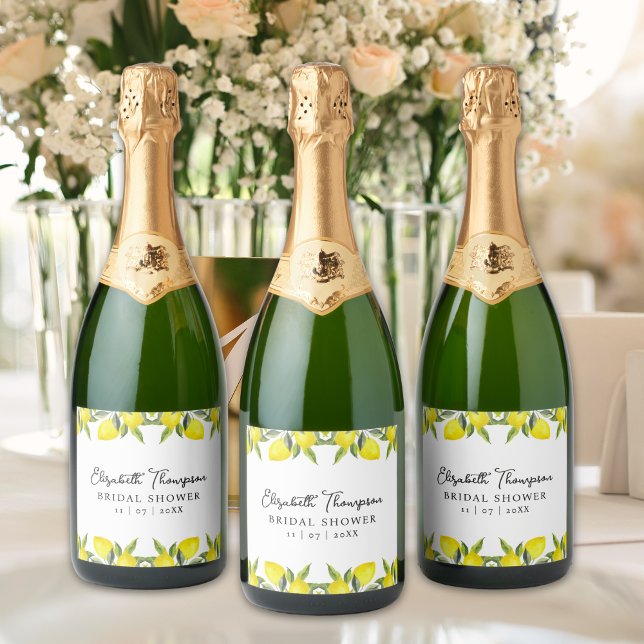 Étiquettes Pour Bouteilles De Vin Mousseux Mediterranean Yellow Lemon Bridal shower (Créateur téléchargé)
