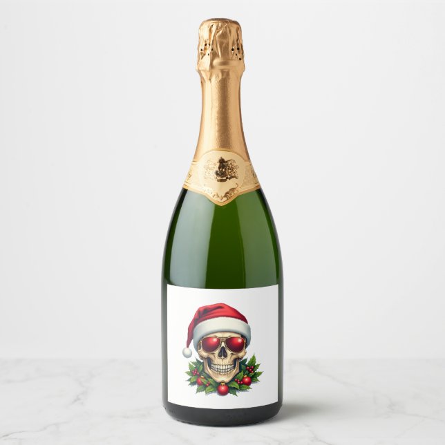 Étiquettes Pour Bouteilles De Vin Mousseux Merry Christmas Sugar Skull Santa Hat Family Xmas  (Devant)