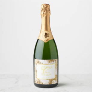 Étiquettes Pour Bouteilles De Vin Mousseux Monogramme Elegant Monstera Gilded Gold Mariage