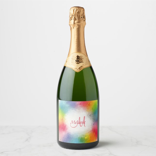 Étiquettes Pour Bouteilles De Vin Mousseux Monogramme personnalisé Modèle jaune orange bleu v (Devant)