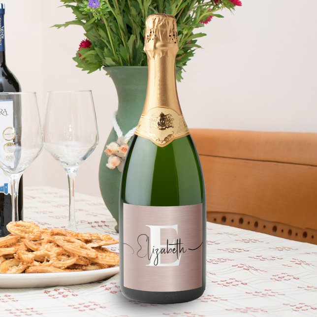 Étiquettes Pour Bouteilles De Vin Mousseux Monogramme rose Gold brossé métal fillette (Créateur téléchargé)